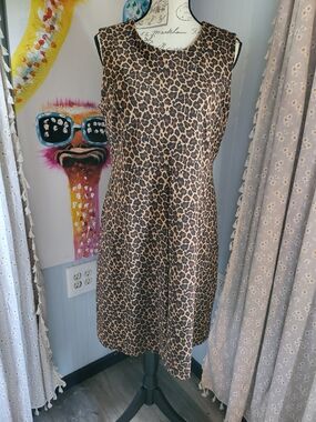 Lands' End Leopard Print Ponte Knit Fit & Flare Dress Pockets Size 12